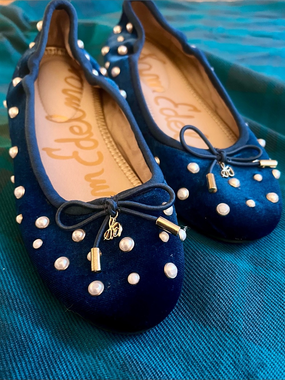 Sam Edelman Deep Teal Velvet Pearl-Embellished Ballet Flats Sz 3K/4.5W